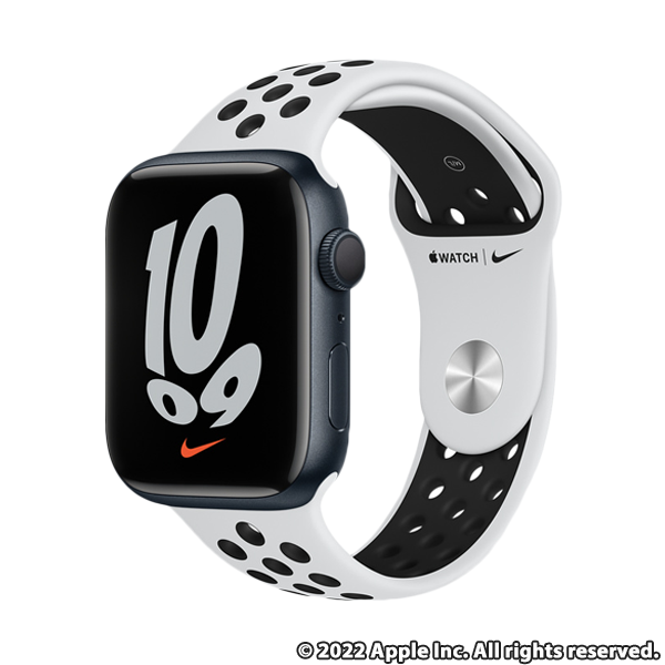 Apple Watch Nike Series 7 (GPSモデル)  45mmミッドナイトアルミニウムケースとピュアプラチナム/ブラックNikeスポーツバンド