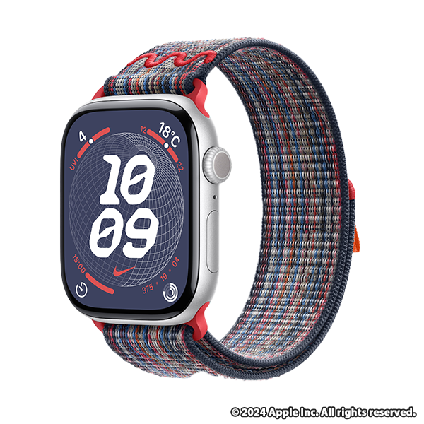 Apple Watch Series 10 (GPSモデル) - 46mmシルバーアルミニウムケースとブルー/レッドNikeスポーツループ