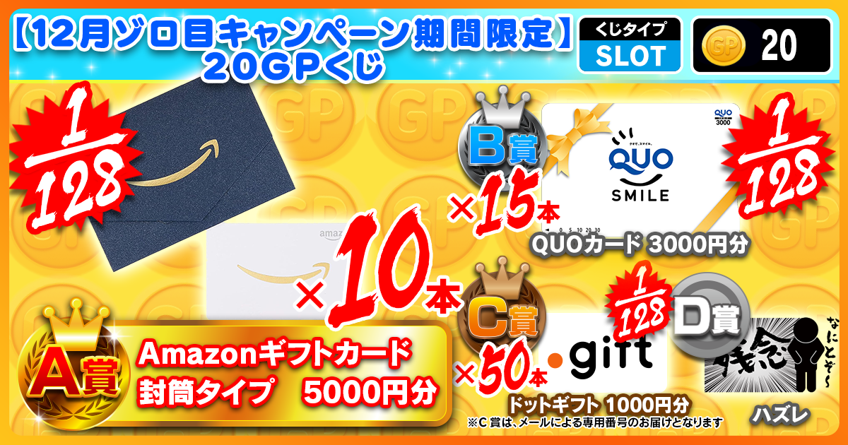 【12月ゾロ目キャンペーン期間限定】20GPくじ